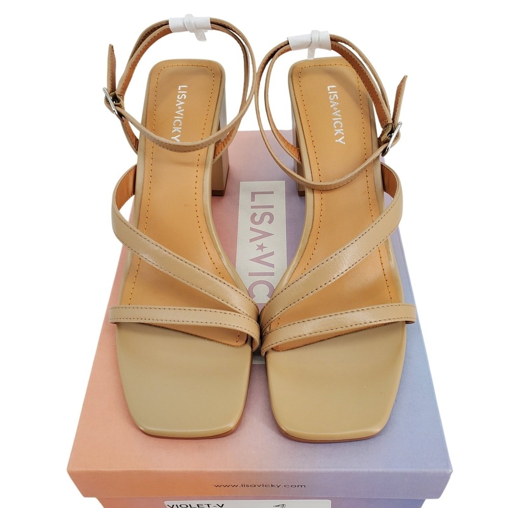 Lisa Vicky Violet V Tan Strappy Block Heel Square Toe Sandals Womens 9M New - Picture 1 of 7